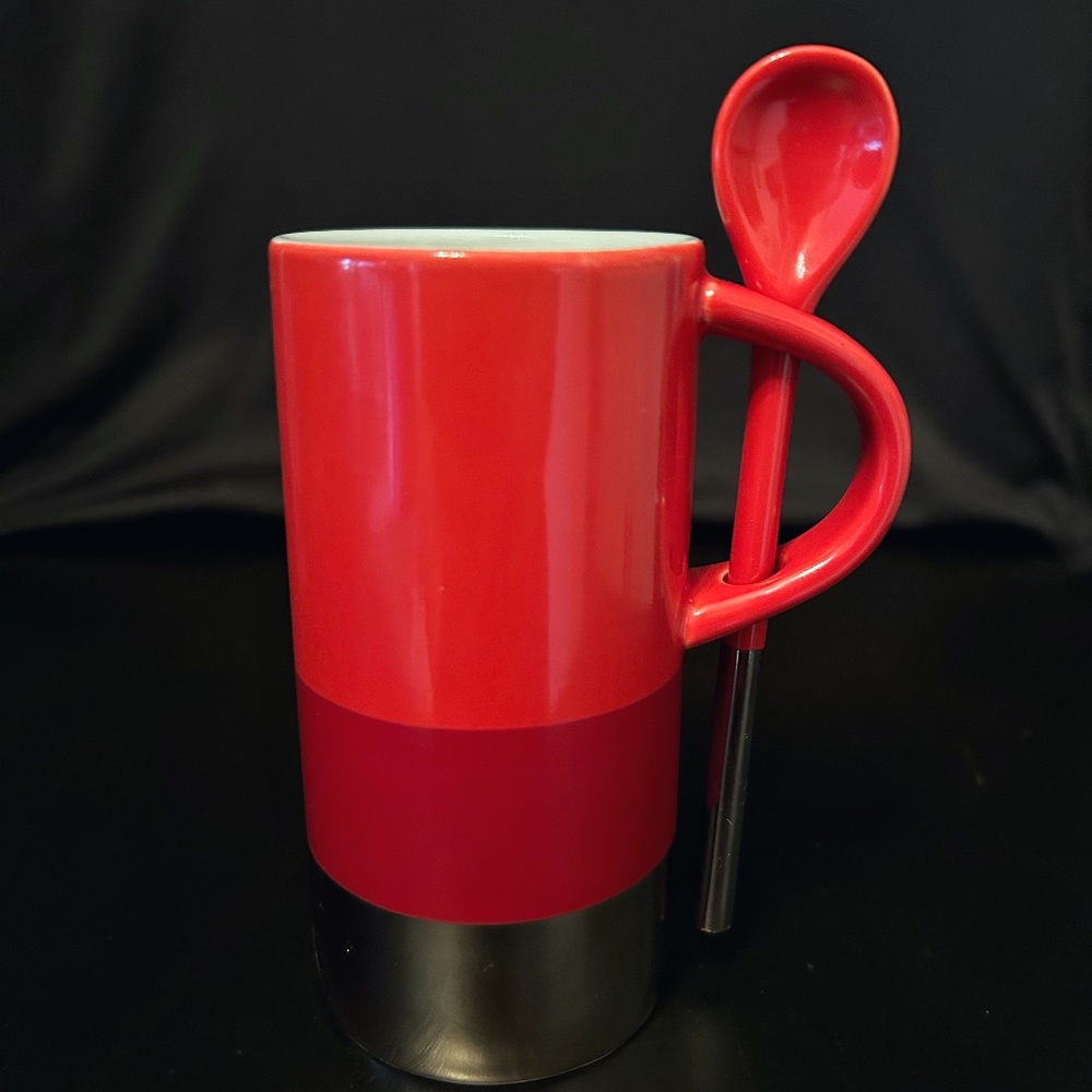Starbucks 2014 Red, Garnet & Silver Espresso Mug w Red & Silver Spoon 8 oz